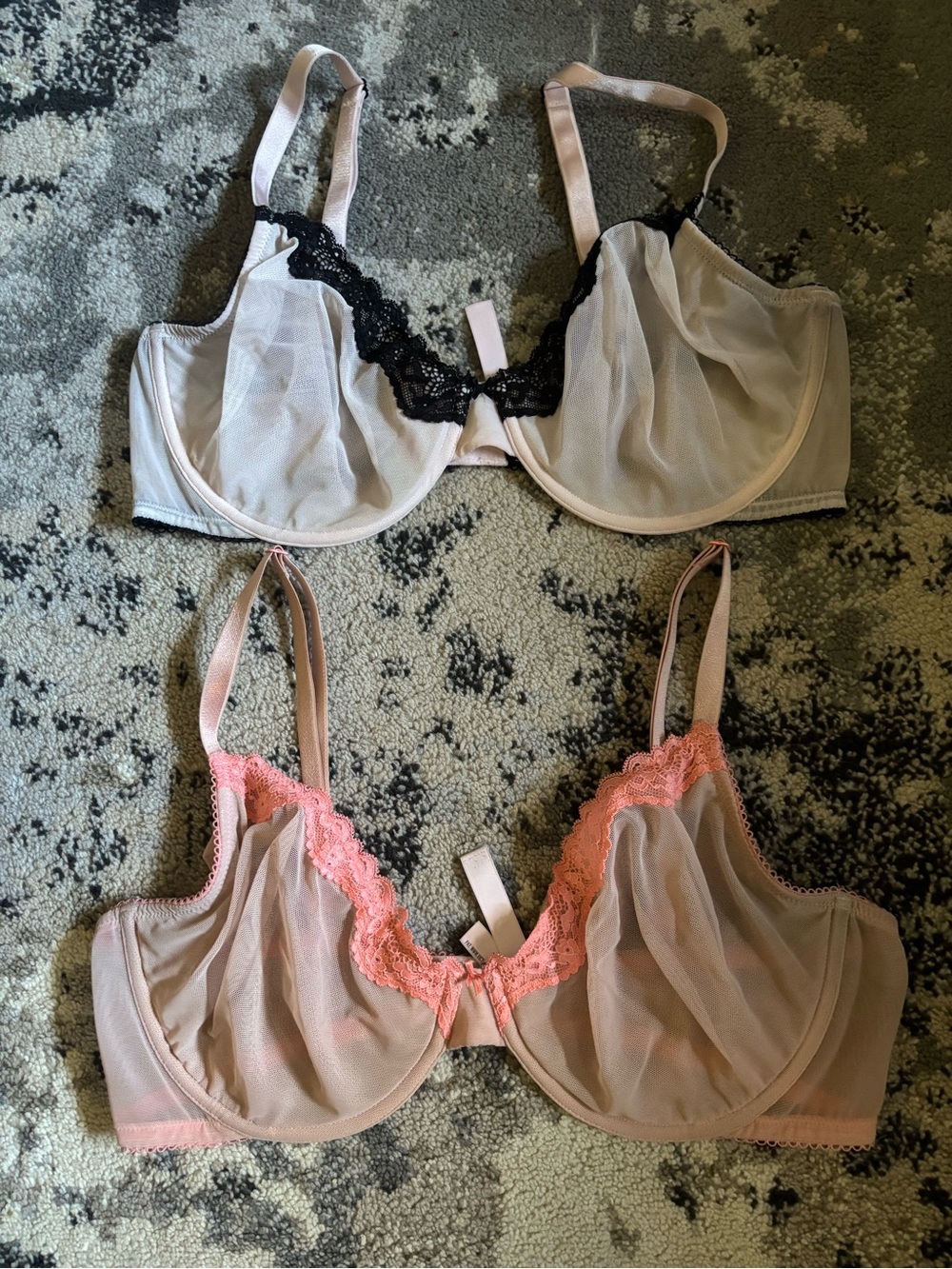 Victoria's Secret Sheer Underwire Bra Duo - Light Pink with Black & Coral Lace